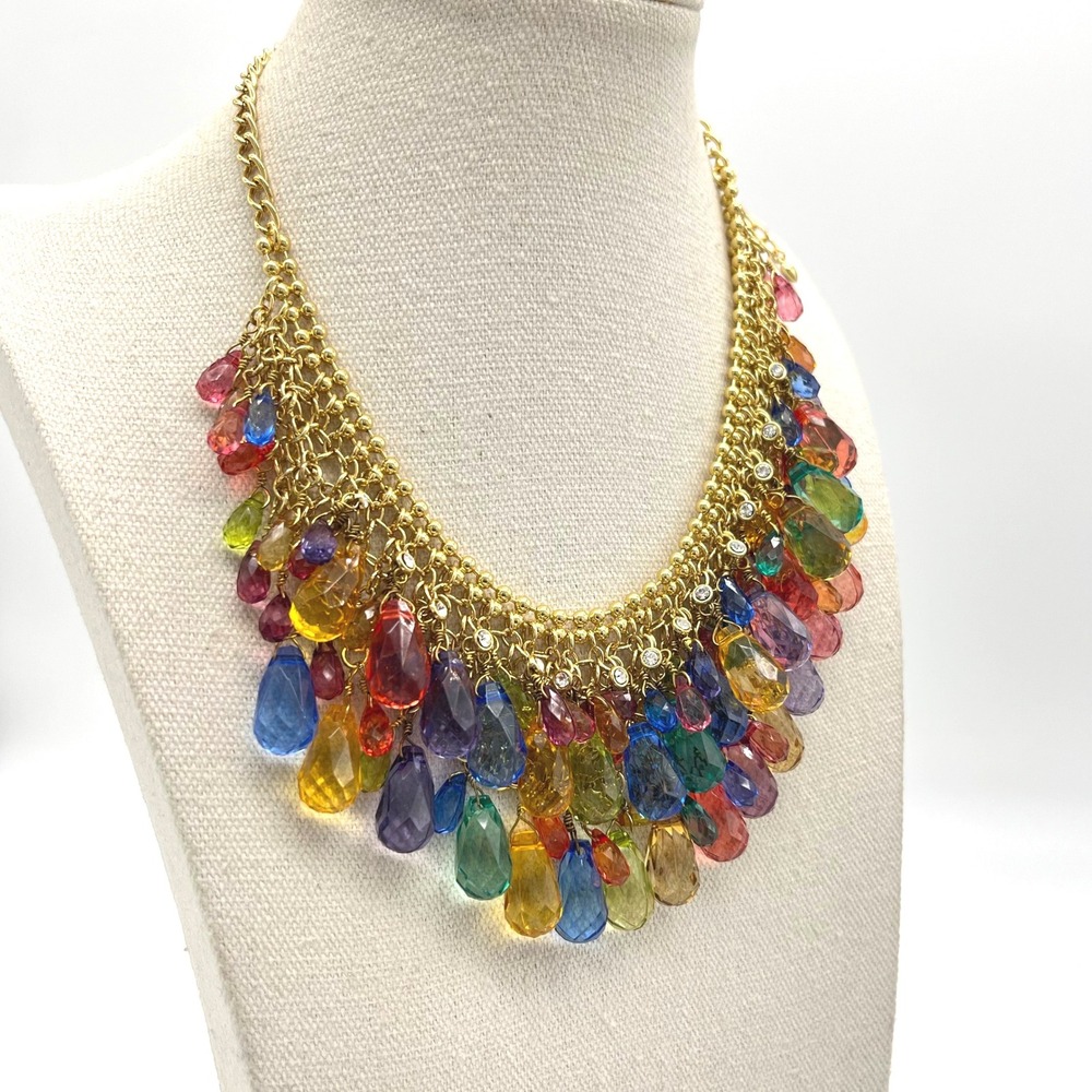Scaasi Multi Color Teardrop Bib Necklace Gold Tone Adjustable‎ Statement Chain